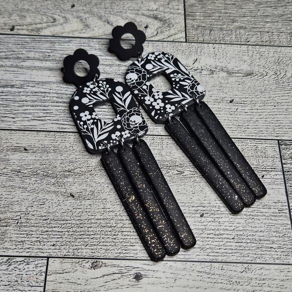 Spooky Cottagegore Halloween Long Dangle Earrings Witchy Whimsygoth Handmade - Picture 2 of 4